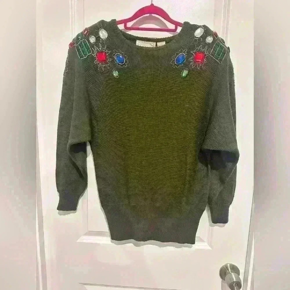 Priscilla Size S Beaded Sequin Vintage Green Sweater - Picture 1 of 4